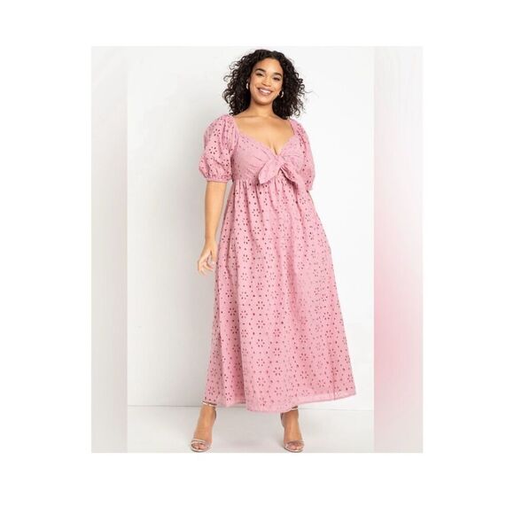 Eloquii Eyelet Tie Front Pink Tiered Maxi Dress Plus Size 16 100% Cotton XL - Picture 1 of 9